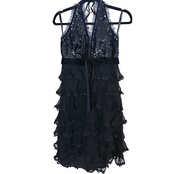 Jovani Sequin Beaded Tiered Halter Gown Dress 6 Black - Picture 2 of 8